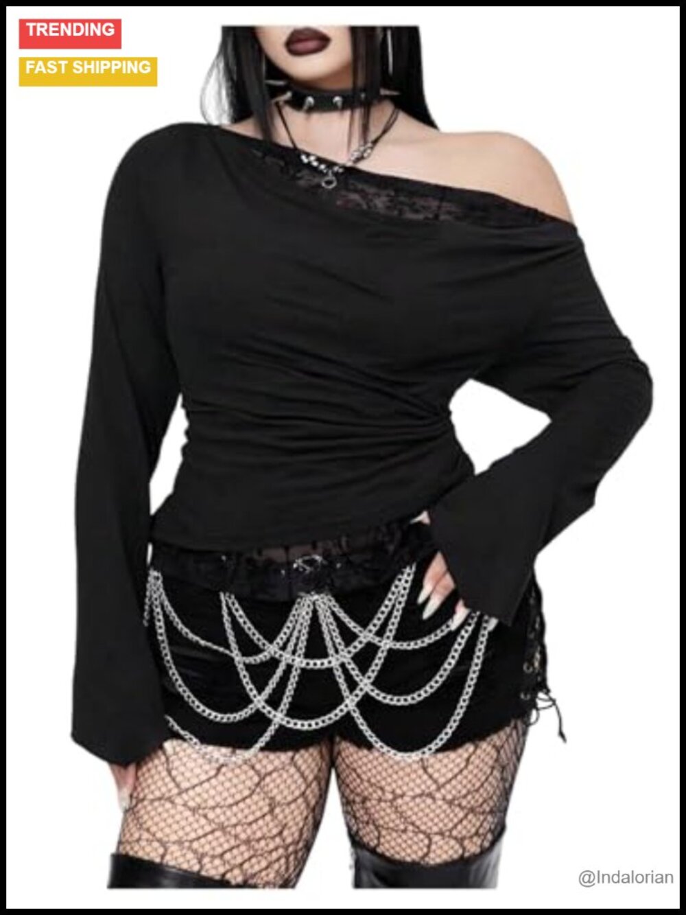 WDIRARA Plus Size Goth Punk Off Shoulder Lace Bell Sleeve Asymmetrical Tee